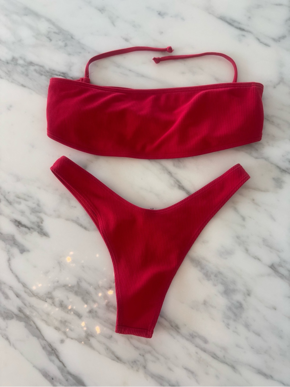 Zaful Red Ribbed Bandeau Bikini Set